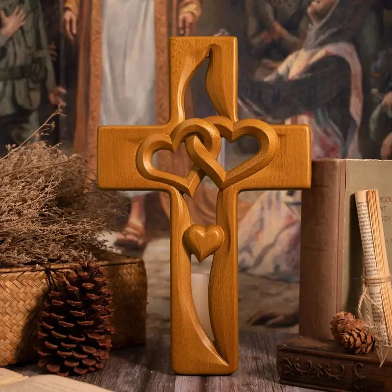 🔥Year-end Sale Save 60 % OFF ✝️ Intertwined Hearts Wooden Cross – Romantic Gift, Handcrafted & Engravable 💝📦