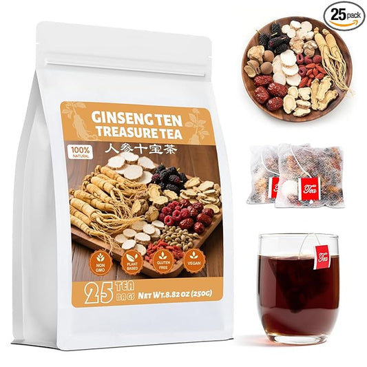 Ginseng Ten Treasures Kidney Tea, Natural Ginseng & Mulberry Herbal Tea kidney cleanse detox & repair Teabags for Men Women, 10 Precious Ingredients Formula (1 Pack/25 Bags)