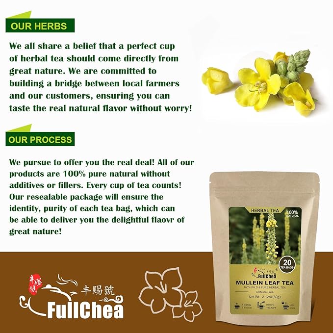 Mullein Leaf Tea Bags, 20 Teabags, 3g/bag For Lungs - Non-GMO - Caffeine-free - Natural Healthy Herbal Tea