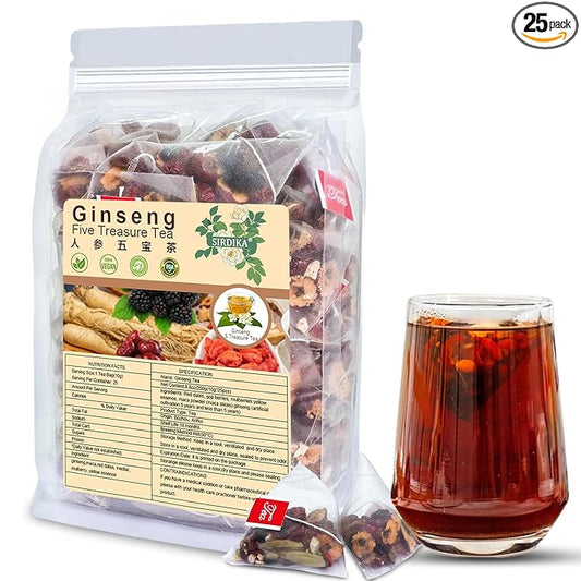 Ginseng Five Treasures Tea Kidney Tea - Ginseng & Mulberry Herbal Teas Natural Chinese Red Date Kidney Cleanse Detox Teas Bag for Men Women, te de riñon Saludable Organica (1 Bag(25PC))