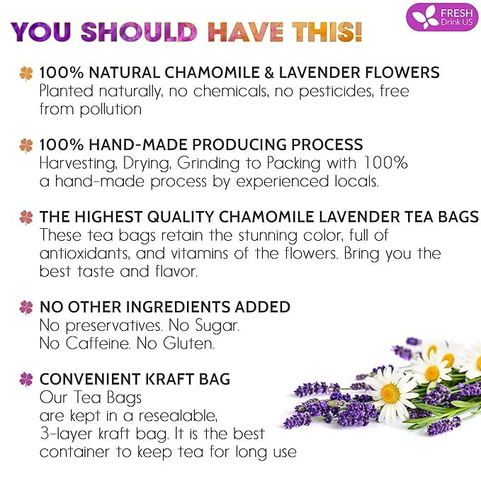 Premium 60 Chamomile Lavender Tea Bags, Calming Herbal Blend Strong Support for Relaxation & Better Sleep | Naturally Caffeine-Free Bedtime Tea with Soothing Floral Aroma, 100% Natural, Hand-made No Sugar/ Caffeine/ Gluten, Vegan